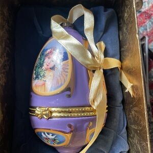 Purple Decorative Egg Ornament with Gold Ribbon